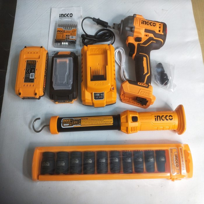 INGCO Cordless 2-Piece Combo Kit with Impact Wrench and Work Lamp.