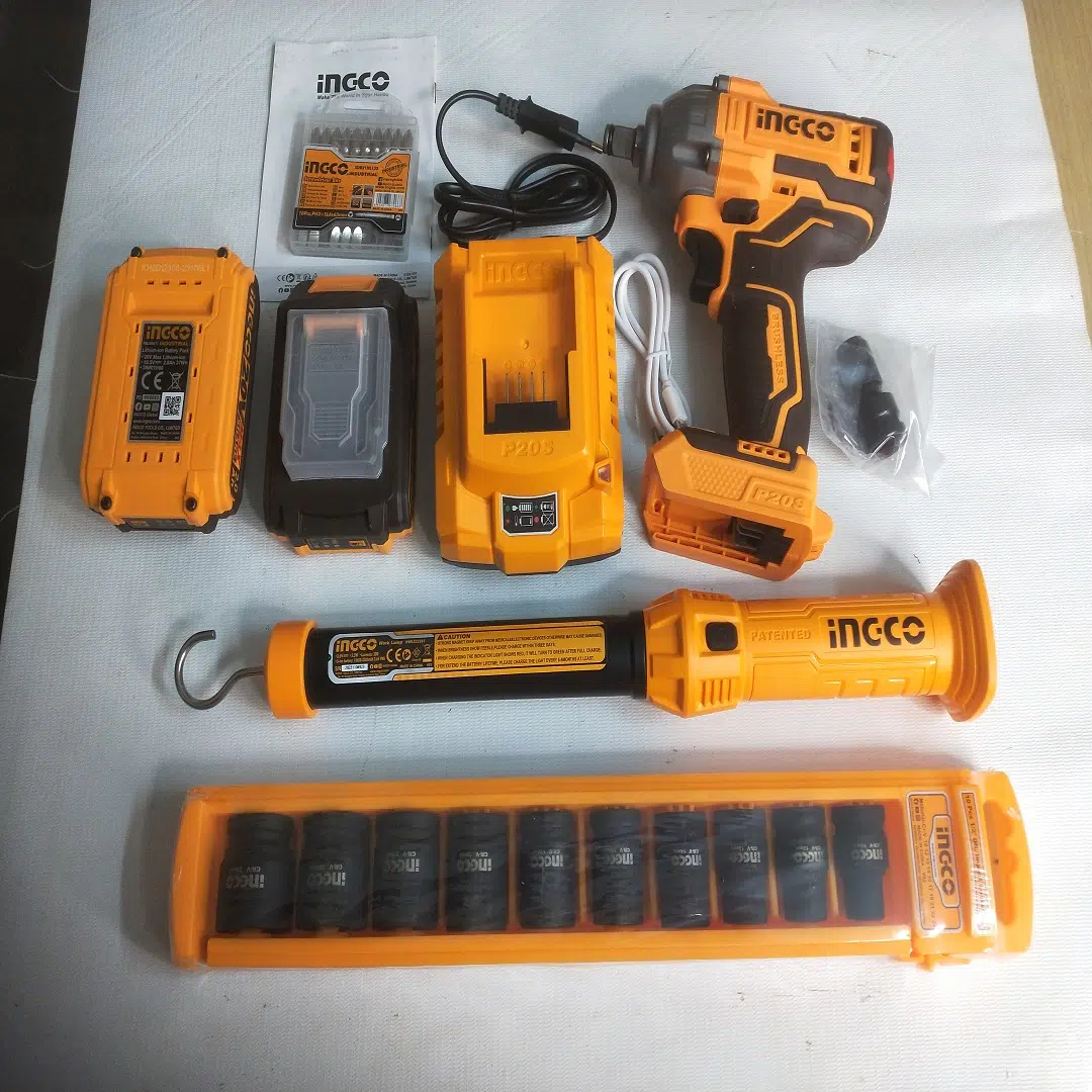INGCO Cordless 2-Piece Combo Kit with Impact Wrench and Work Lamp.